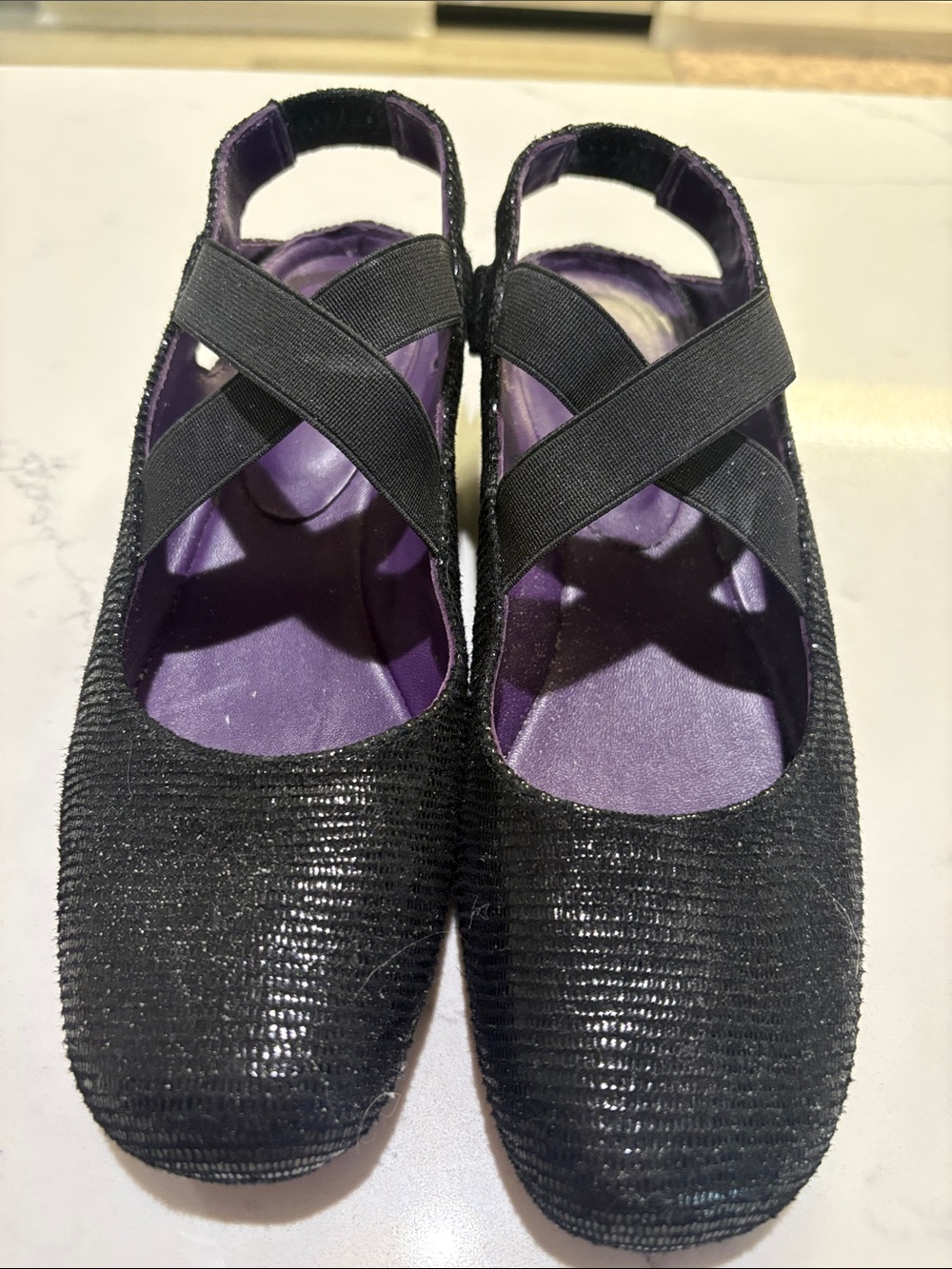 Vaneli Black Crisscross Ballet Mules with Purple Insole